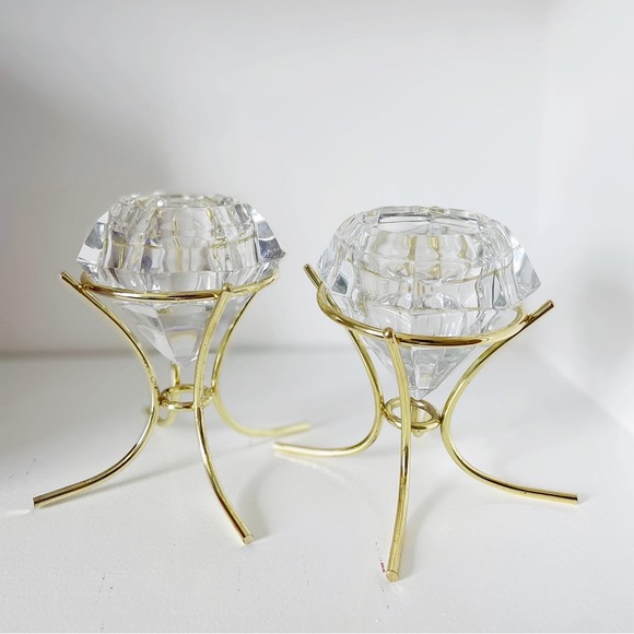 Two glass diamond tealight holders with brass base - Picture 4 of 5